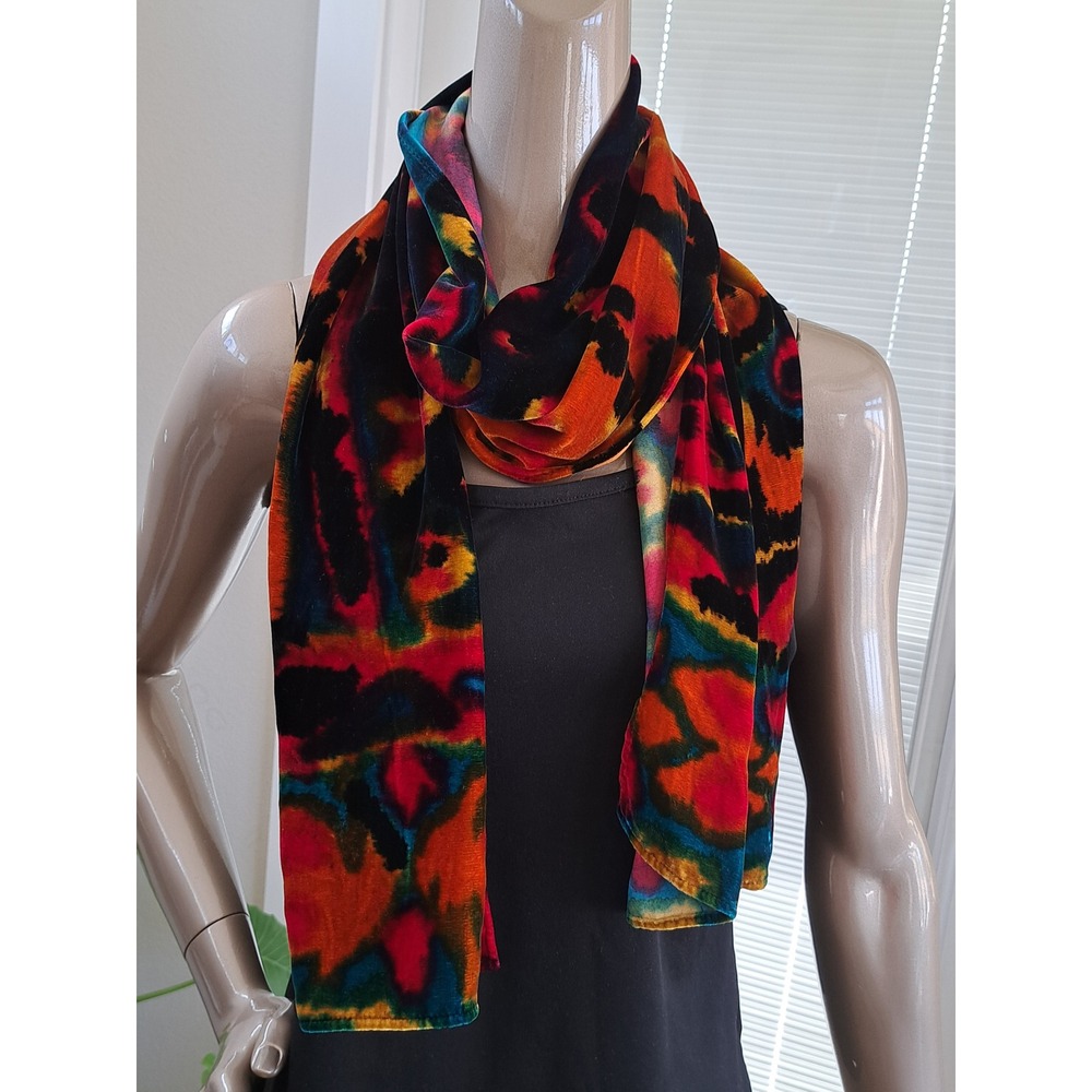 Chicos Velvet Scarf Silk Blend Abstract Tie Dye Multi Color Rectangular Wrap